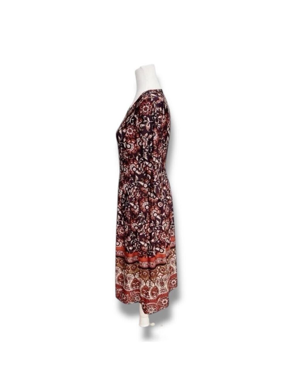 Shelby & Palmer Burgundy Floral Fit & Flare Midi Dress 3/4 Sleeve Women’s Small - Picture 5 of 9